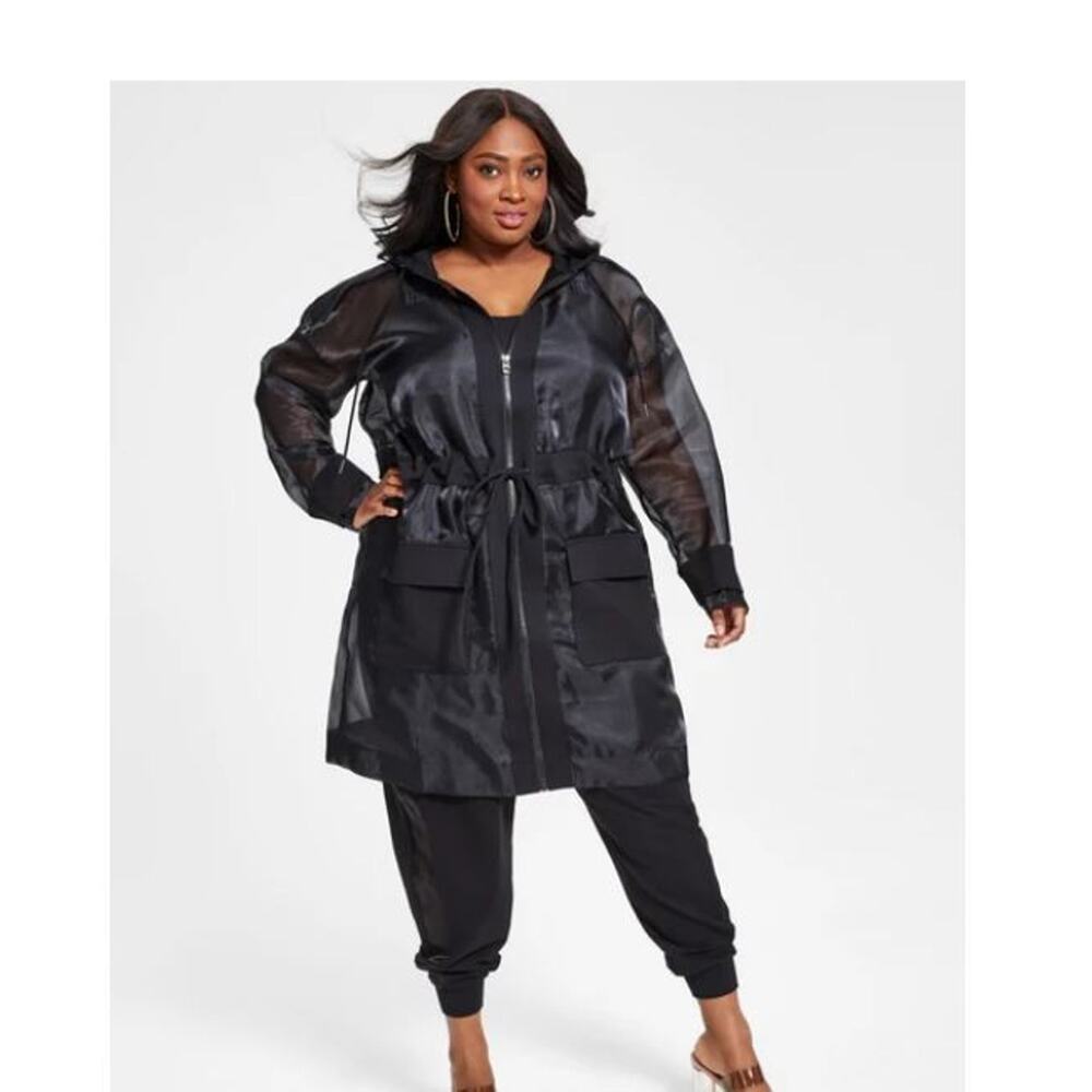 Plus Size Black Sheer Hooded Anorak Jacket
